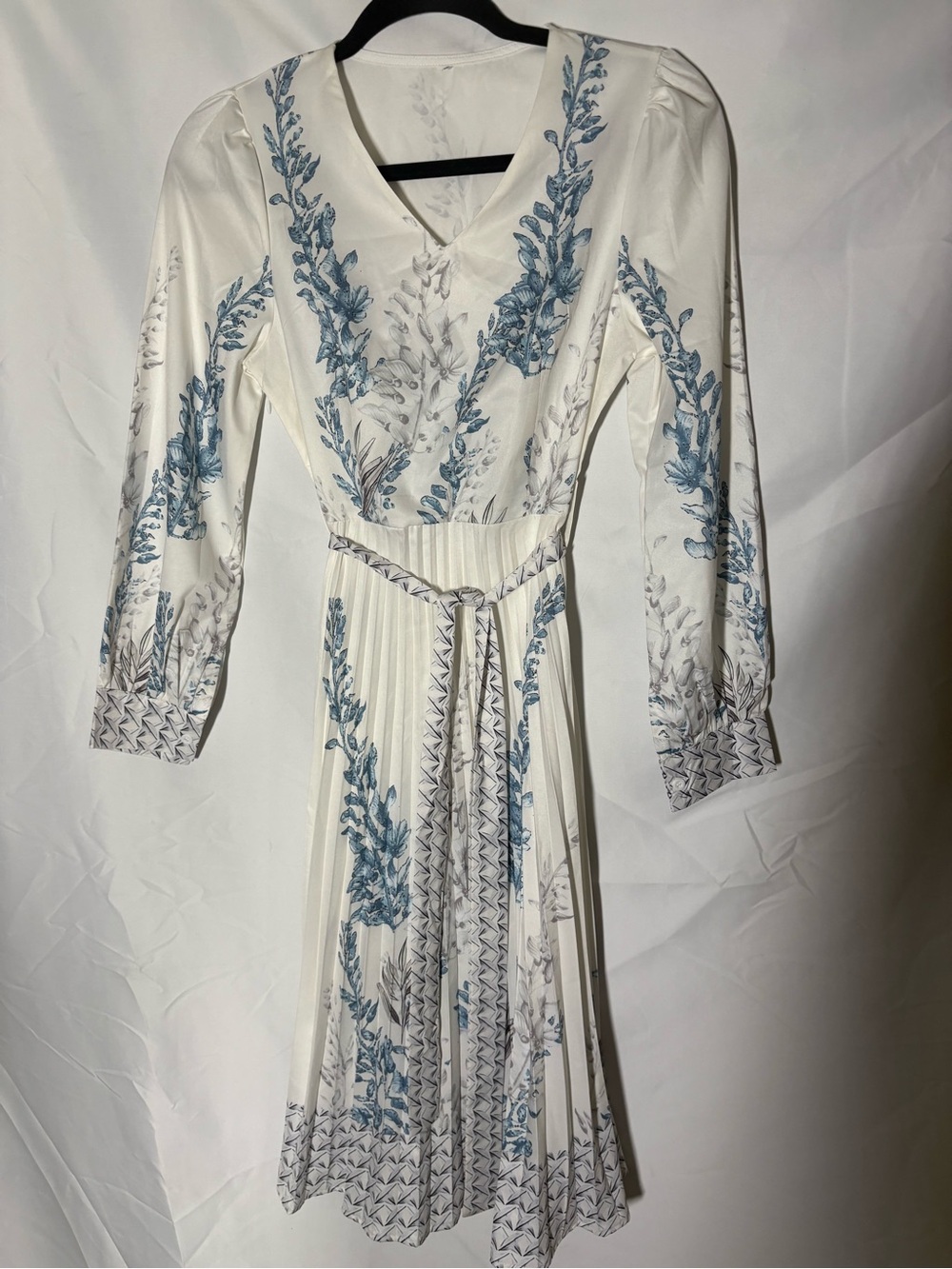 Blue & White Floral Pleated Midi Dress | Romantic Cottagecore Garden Party Dress
